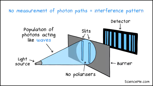 When photon paths aren't measured in real-time, they start to behave like waves instead of particles, with the result of an interference pattern