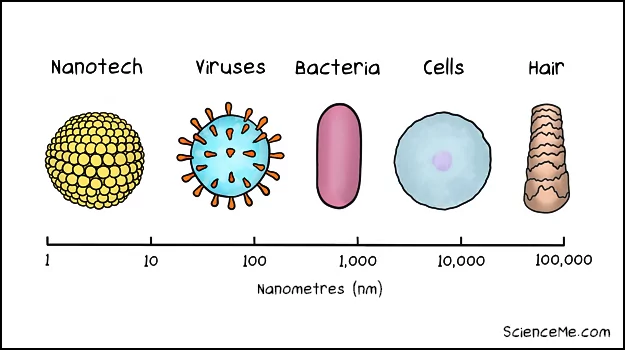 Scale of nanotechnology illustration: gold nanoshells (1nm), viruses (100nm), bacteria (1,000nm), cells (10,000nm), and human hair (100,000nm)