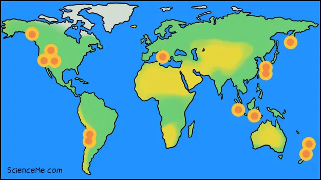 A map of the 14 largest known supervolcano eruptions in the world